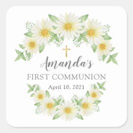 Fresh Daisy Floral First Communitysticker Quadratischer Aufkleber
