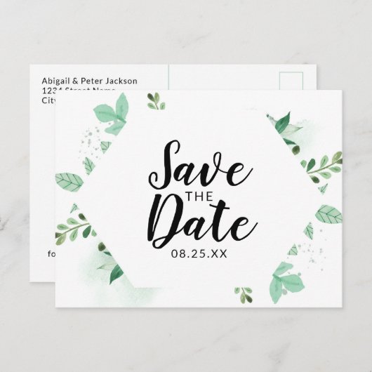 Fresh Foliage Botanical Minze Hexagon Save the Dat Ankündigungspostkarte (Vorne/Hinten)