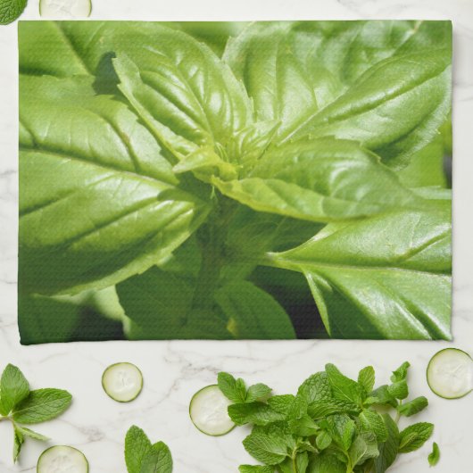 Fresh Green Basil Blätter Anpassbar Schwarz Geschirrtuch (Gefaltet)