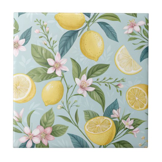 Fresh Lemon Floral Botanical Pattern  Fliese (Vorderseite)