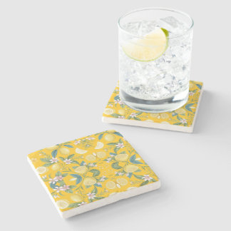 Fresh Lemon Floral Botanical Pattern  Steinuntersetzer