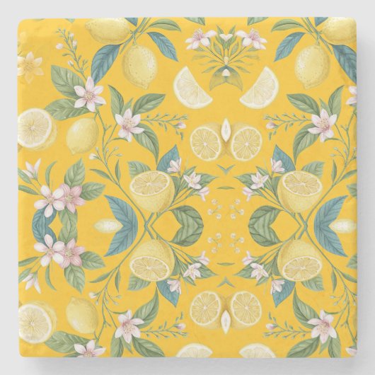 Fresh Lemon Floral Botanical Pattern  Steinuntersetzer (Vorderseite)
