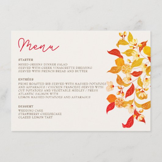 Fresh Lemony Liebe Citrus Foliage Hochzeit Menükarte (Vorderseite)