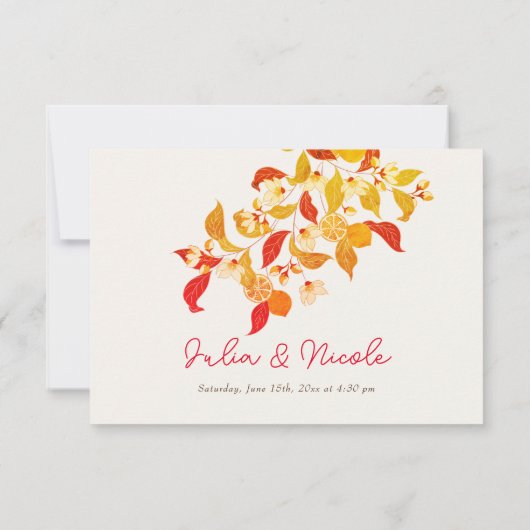 Fresh Lemony Liebe Citrus Foliage Hochzeit RSVP Karte (Rückseite)