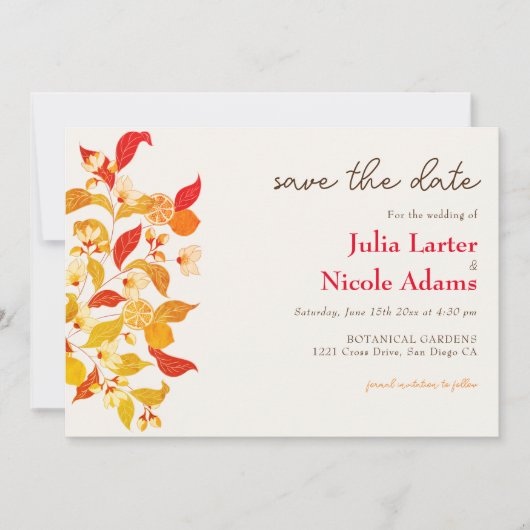 Fresh Lemony Liebe Citrus Foliage Hochzeit Save The Date (Vorderseite)