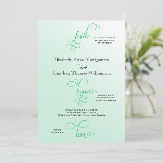 Fresh Mint Script Faith Hope & Liebe Wedding Einladung (Stehend Vorderseite)