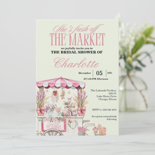 Fresh off Market Brautparty Blumenschick Einladung (Stehend Vorderseite)