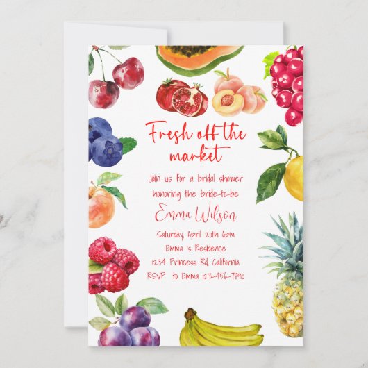 Fresh off Market Brautparty | Thema Obst Einladung (Vorderseite)