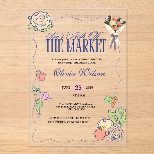 Fresh off Market Brautparty Whimsical Gezeichnet Acryleinladungen (Vorderseite)