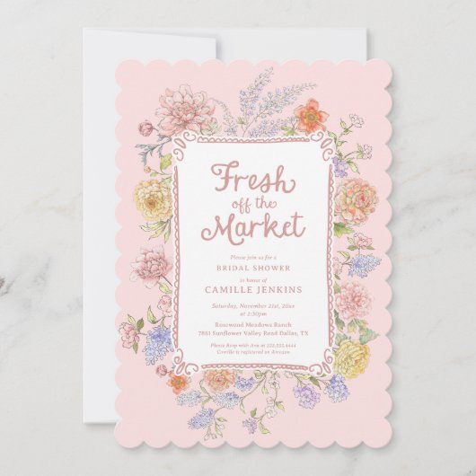Fresh off Market Pink Floral Brautparty Einladung (Vorderseite)