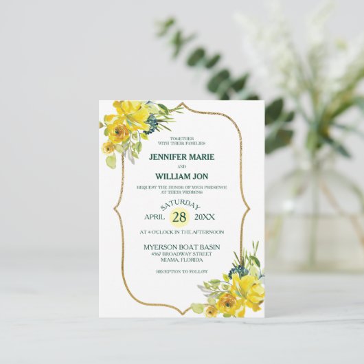 Fresh Spring Yellow Floral Golden Bouquet Hochzeit Postkarte (Stehend Vorderseite)