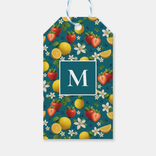 Fresh Strawberry and Lemon Pattern Blue Geschenkanhänger (Vorderseite)
