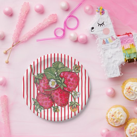 Fresh Strawberry Red White Stripe Summer Dessert Pappteller (Party)