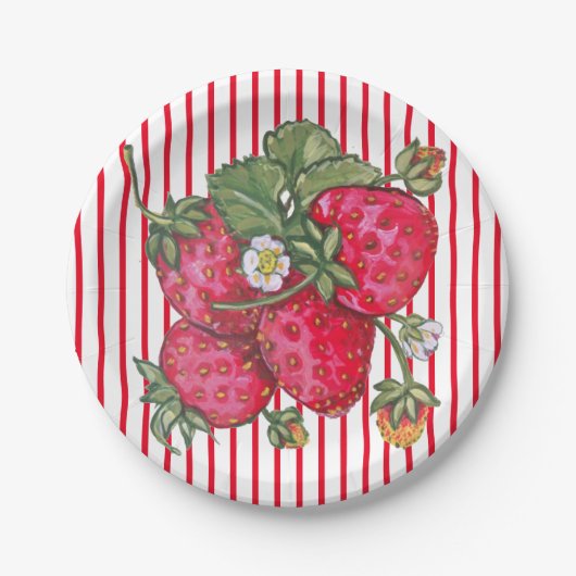 Fresh Strawberry Red White Stripe Summer Dessert Pappteller (Vorderseite)