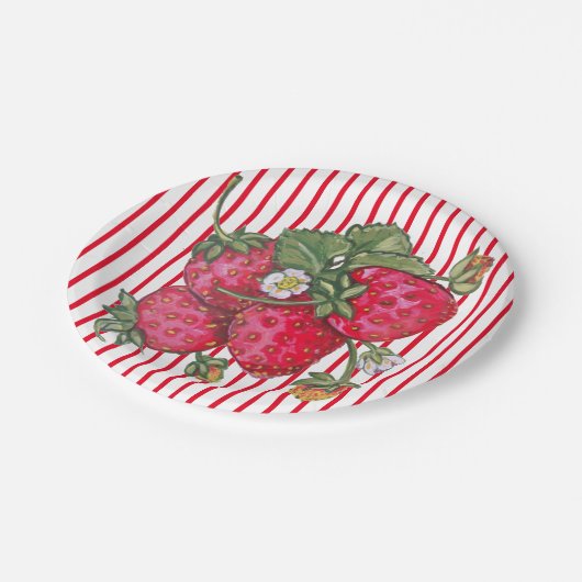 Fresh Strawberry Red White Stripe Summer Dessert Pappteller (Schrägansicht)