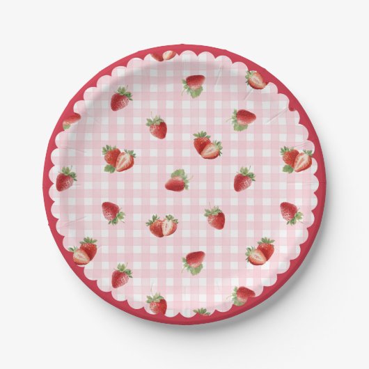 Fresh Strawberry with Pink Gingham Pattern Pappteller (Vorderseite)