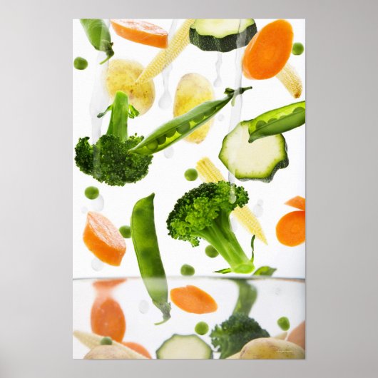 Fresh vegetables with water falling into a bowl poster (Vorne)