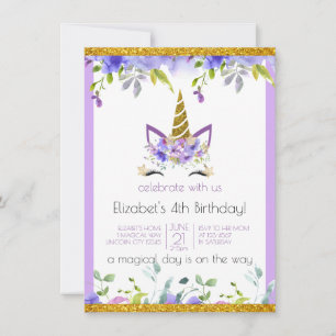 Fresh Violet   Adorned Gold Unicorn Geburtstagspar Einladung