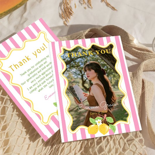 Freshly Graduated Lemon Pink Stripes Graduation Dankeskarte