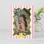 Freshly Graduated Lemon Pink Stripes Graduation Einladung (Stehend Vorderseite)