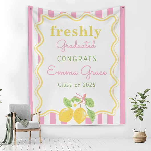 Freshly Graduated Lemon Pink Stripes Graduation Wandteppich