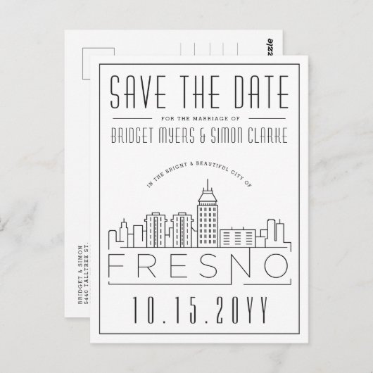 Fresno Hochzeit | Stilisierte Skyline Save the Dat Postkarte (Vorne/Hinten)