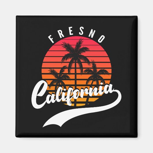 Fresno Retro Sonnenuntergang und Palmen Bäume Magn Magnet (Vorne)