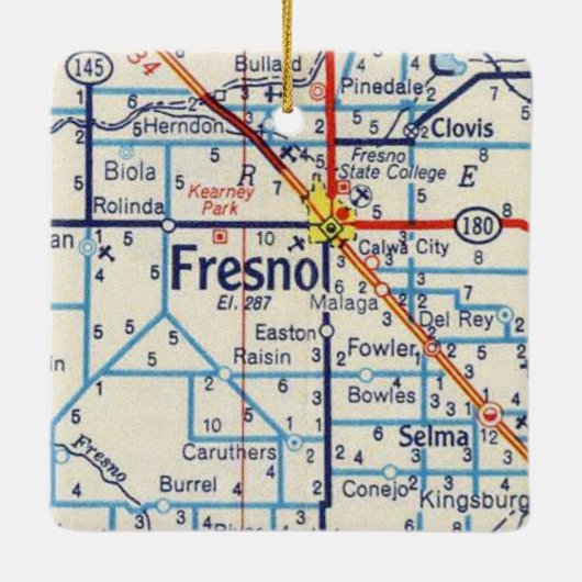 Fresno Vintag Map Keramikornament (Rückseite)