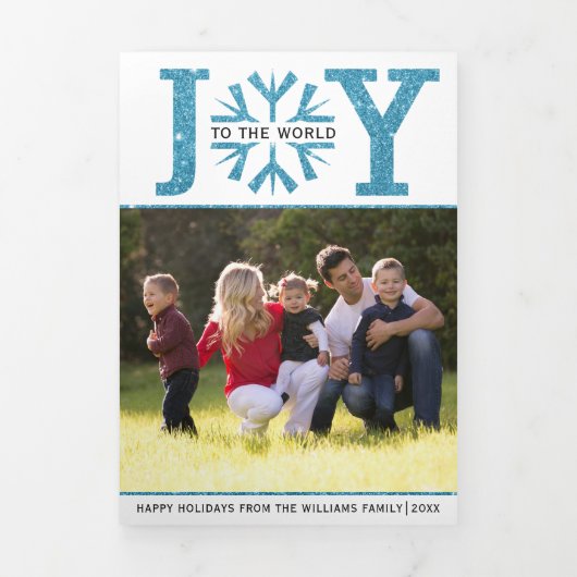 Freude an der Welt blauer Glitzer Schneeflocke Wei Dreifach Gefaltete Urlaubskarte (Cover)