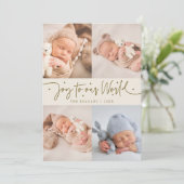 Freude an unserem Cream Multi Foto Birth Ankündigung (Stehend Vorderseite)