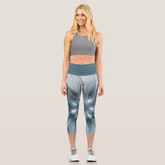 Freude Blume Abstrakt Blue Gray Fraktal Capri Leggings (Vorderseite)