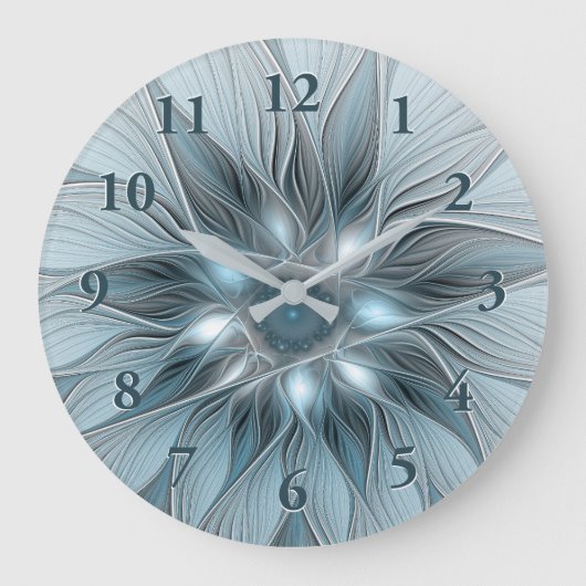 Freude Blume Abstrakt Blue Gray Fraktal Große Wanduhr (Vorderseite)