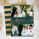 Freude | Collage Christmas Card | Imitate grün Feiertagskarte<br><div class="desc">Imitate goldene Folie dekorative Elemente schaffen einen eleganten Effekt für diese eleganten vier Foto-Urlaubskarten in Grün. Einfach mit eigenen Fotos und Texten anpassen!</div>