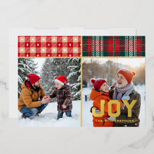 Freude Cozy Kariert und Gold 2 Familie Foto Flach Folien Feiertagskarte