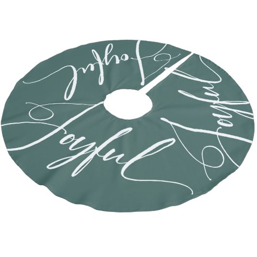 Freude | Elegantes Script Christmas Green Polyester Weihnachtsbaumdecke (Schrägansicht)