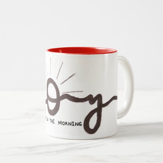 Freude kommt in die Morgen-Tasse Zweifarbige Tasse (VorderseiteRechts)