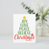 Freude, Liebe, Frieden, Glaube, Weihnachtsbaumkaff Feiertagskarte (Stehend Vorderseite)