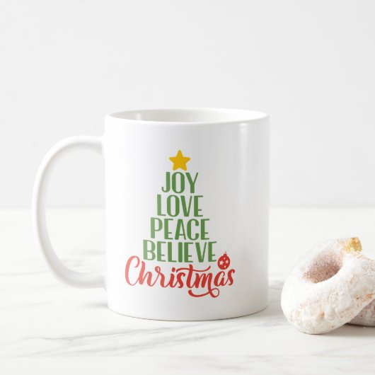 Freude, Liebe, Frieden, Glaube, Weihnachtsbaumkaff Kaffeetasse (Mit Donut)