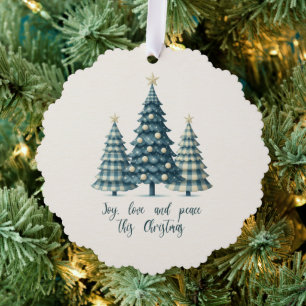 Freude, Liebe und Frieden Blau Karierte Weihnachts Ornament Karte