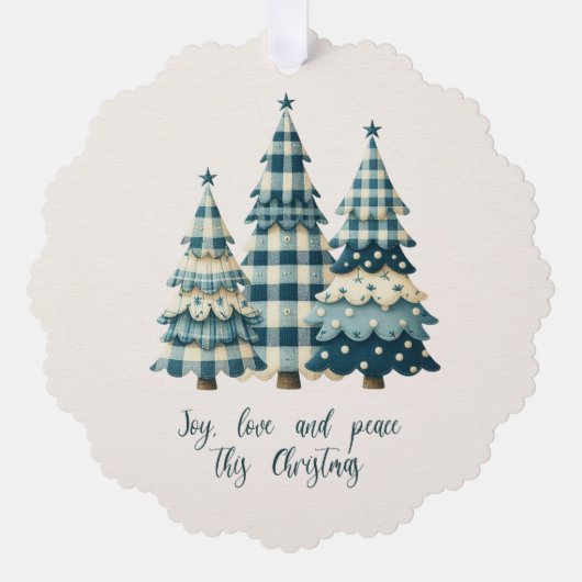 Freude, Liebe und Frieden Blau Karierte Weihnachts Ornament Karte (Vorderseite)