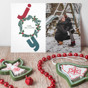 Freude mit Foto und Weihnachtskranz auf blau Feiertagskarte