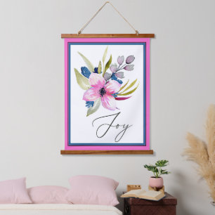 Freude rosa und blaue Aquarell-Blumen Wandteppich Mit Holzrahmen