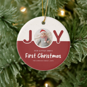 Freude Rotes Foto-Andenken Baby Erstes Weihnachten Keramik Ornament