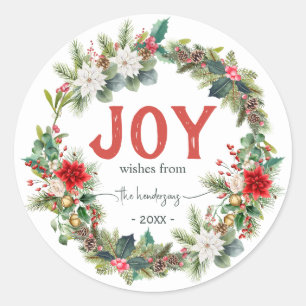 Freude Rustikale Typografie Name Weihnachtskranz R Runder Aufkleber