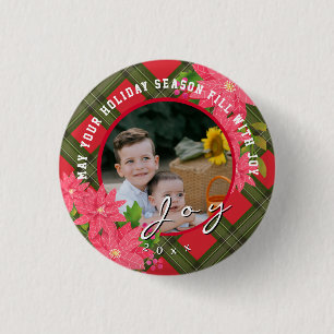 Freude Weihnachten Poinsettie Foto Kariert Button
