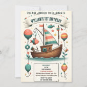 Freudenboot niedlicher Junge Fischen am 1. Geburts Einladung (Vorderseite)