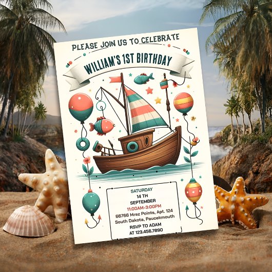 Freudenboot niedlicher Junge Fischen am 1. Geburts Einladung