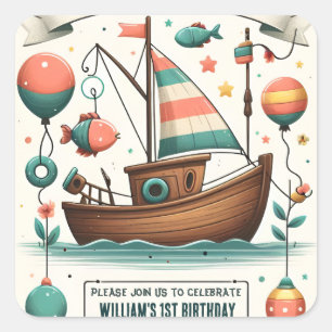 Freudenboot niedlicher Junge Fischen am 1. Geburts Quadratischer Aufkleber