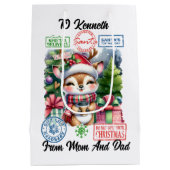 Freudender Rentier mit Urlaubsgeschenken Mittlere Geschenktüte (Rückseite)