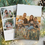 Freudenreiche Typografie, zeitgenössische Foto-Col Feiertagskarte<br><div class="desc">Einfache minimalistische moderne Weihnachtskarten-Vorlage mit Imitaten goldene Typografie mit Sternen,  fünf Fotos,  Familiennamen und Ihrem Text. Auf beiden Seiten einfach zu personalisieren!</div>